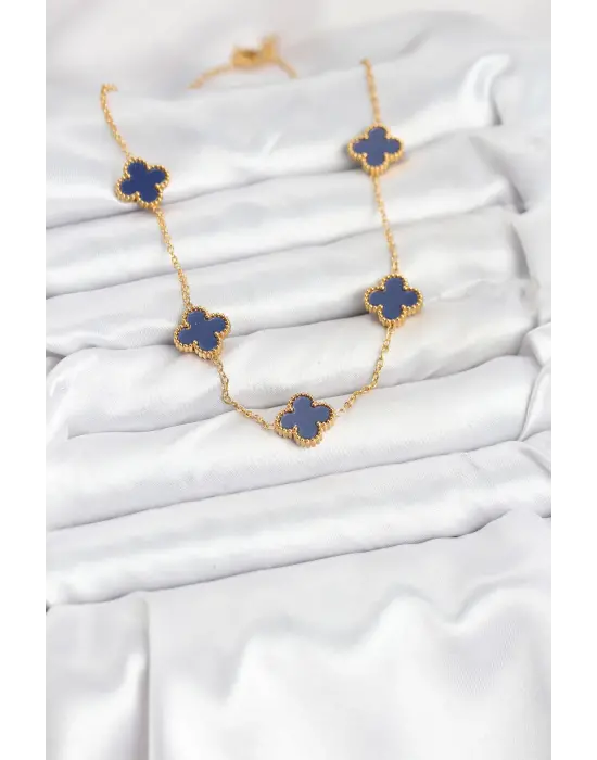 316L Çelik Zincir Gold Renk Lacivert Yonca Kadın Kolye