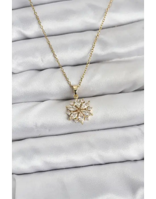 316L Çelik Zincir Gold Renk Lotus Model Zirkon Taşlı Kadın Kolye