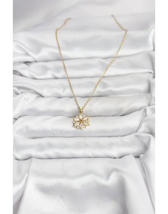 316L Çelik Zincir Gold Renk Lotus Model Zirkon Taşlı Kadın Kolye