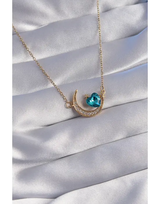  Zincir Altın  Mavi Zirkon Taşlı Ay Tasarımlı Çelik Kolye
