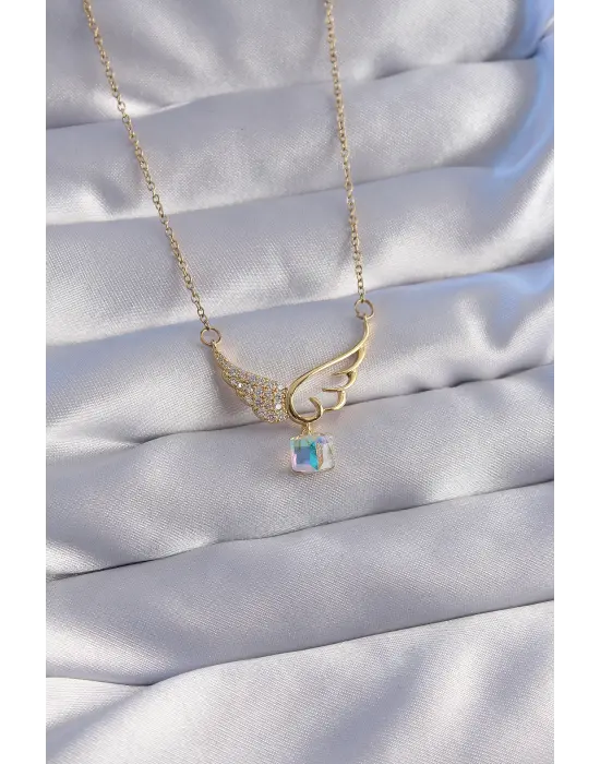  Zincir Altın  Mavi Zirkon Taşlı Melek Kanatlı Çelik Kolye