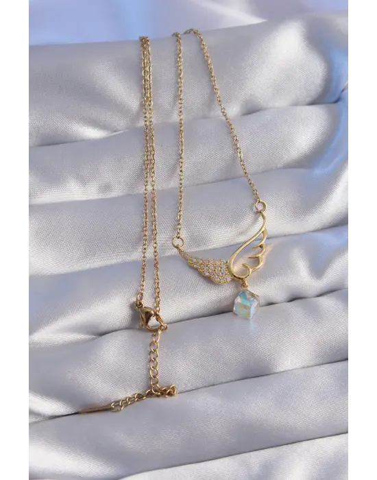  Zincir Altın  Mavi Zirkon Taşlı Melek Kanatlı Çelik Kolye