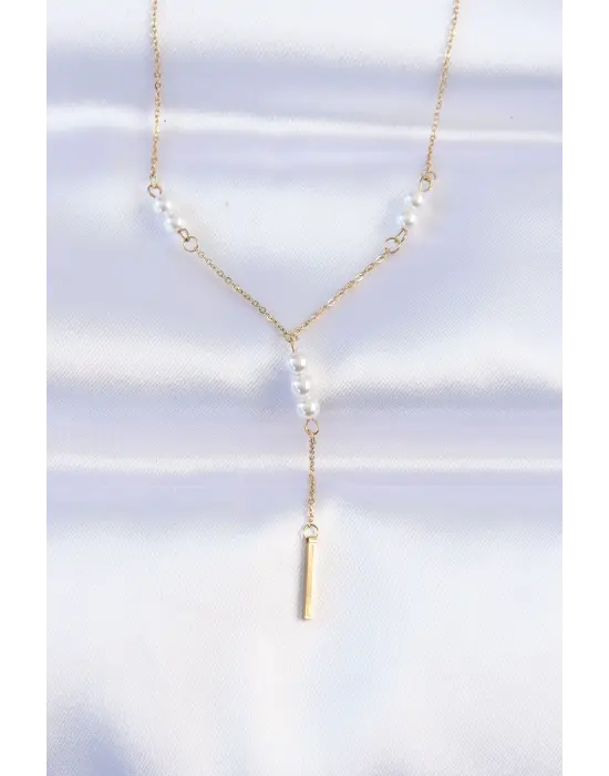  Zincir Altın  Minimal İnci Taşlı Sallantılı Çelik Kolye