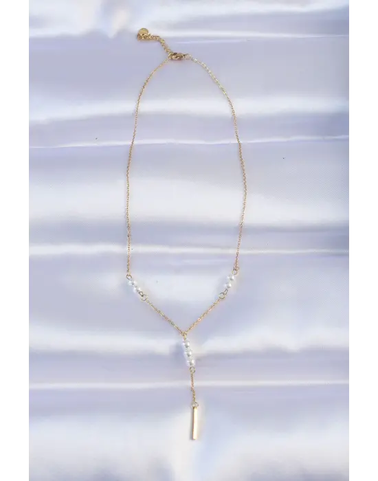 Zincir Altın  Minimal İnci Taşlı Sallantılı Çelik Kolye