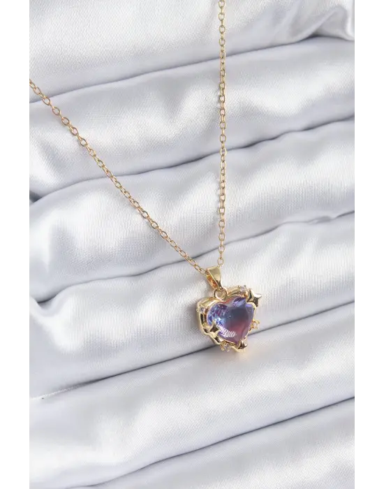  Zincir Altın  Mor  Zirkon Taşlı Kalp Model  Çelik Kolye