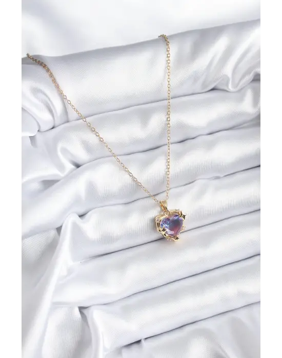  Zincir Altın  Mor  Zirkon Taşlı Kalp Model  Çelik Kolye