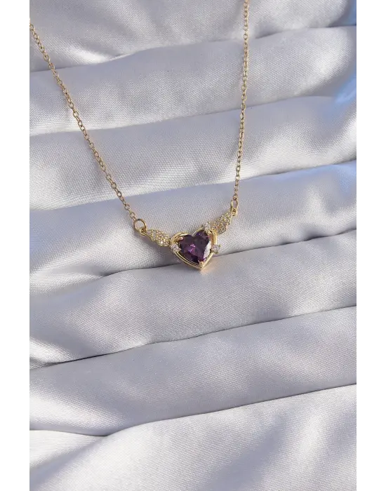  Zincir Altın  Mor Zirkon Taşlı Kanatlı Kalp Çelik Kolye