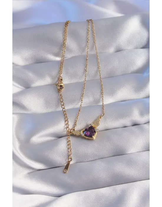  Zincir Altın  Mor Zirkon Taşlı Kanatlı Kalp Çelik Kolye