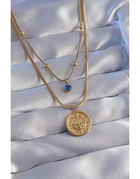  Zincir Altın  Nazar Boncuklu İtalyan Zincirli 2li Pusula Çelik Kolye