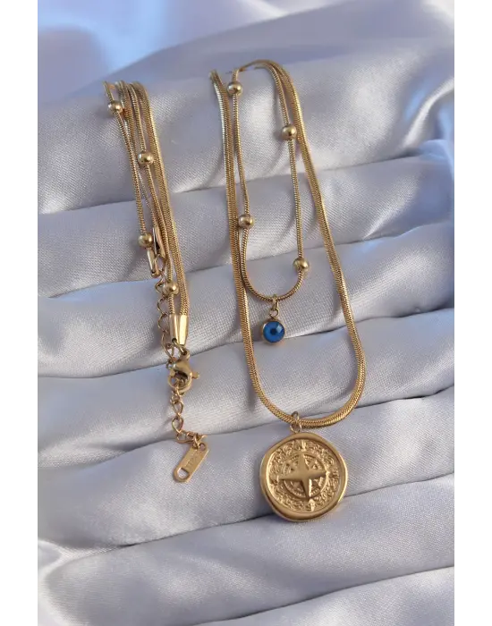  Zincir Altın  Nazar Boncuklu İtalyan Zincirli 2li Pusula Çelik Kolye