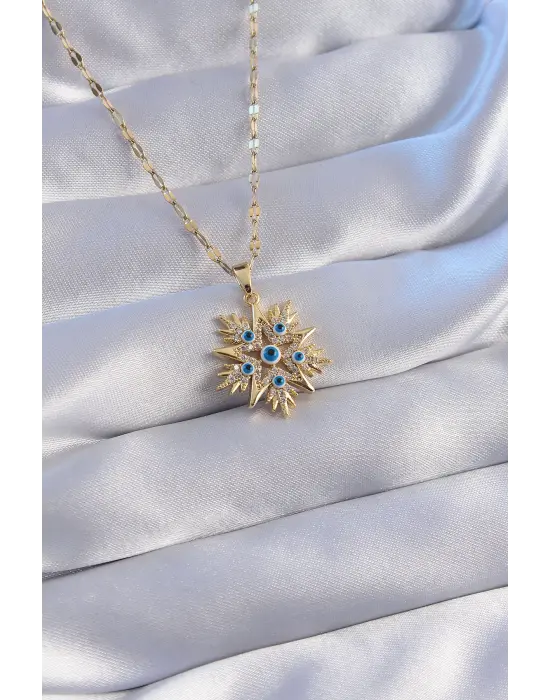  Zincir Altın  Nazar Figürlü Zirkon Taşlı Kar Tanesi Çelik Kolye