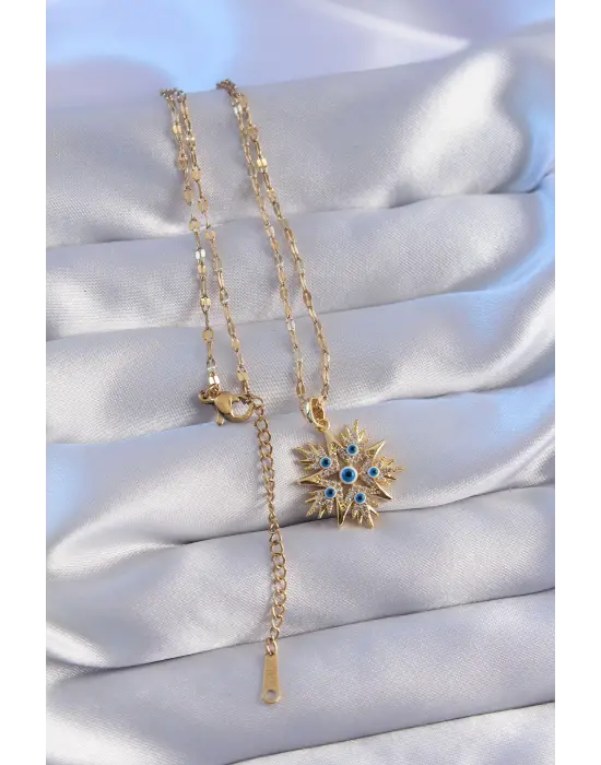  Zincir Altın  Nazar Figürlü Zirkon Taşlı Kar Tanesi Çelik Kolye