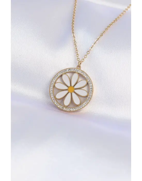  Zincir Altın  Oval Zirkon Taşlı İçi Papatya Çelik Kolye