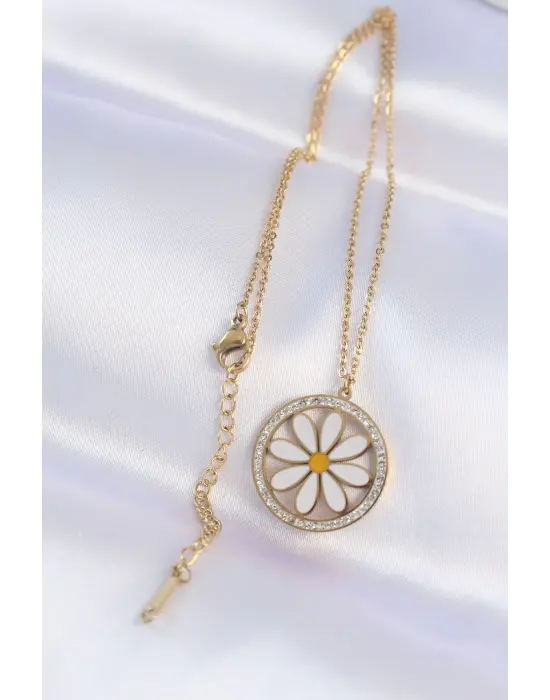  Zincir Altın  Oval Zirkon Taşlı İçi Papatya Çelik Kolye