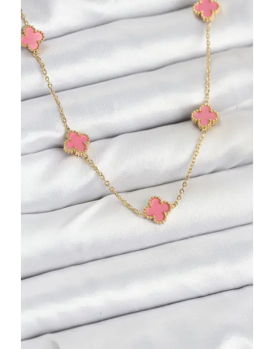 316L Çelik Zincir Gold Renk Pembe Baby Boy Yonca Kadın Kolye
