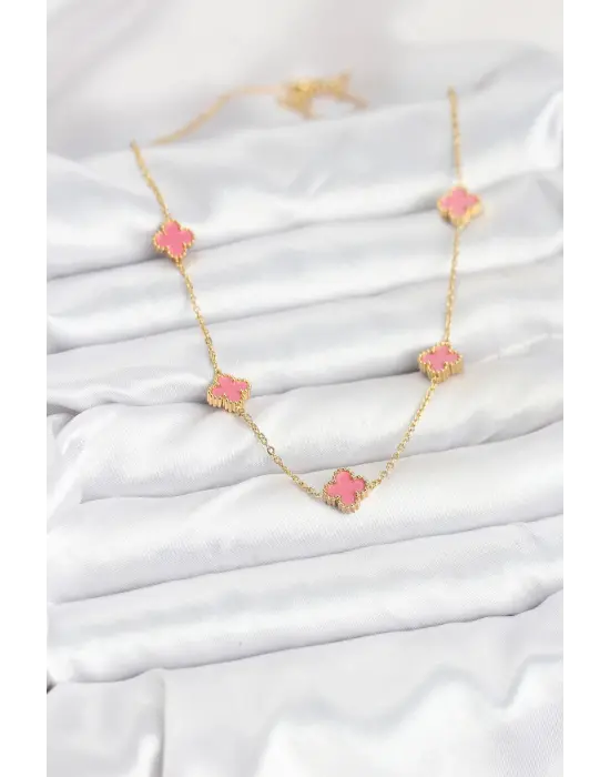 316L Çelik Zincir Gold Renk Pembe Baby Boy Yonca Kadın Kolye