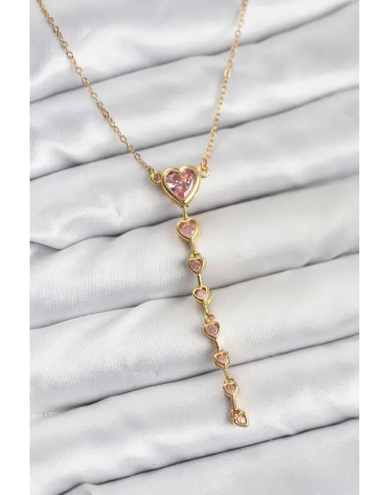 316L Çelik Zincir Gold Renk Pembe Kalp Kadın Kolye