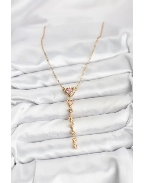316L Çelik Zincir Gold Renk Pembe Kalp Kadın Kolye