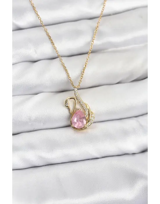 316L Çelik Zincir Gold Renk Pembe Kuğu Model Zirkon Taşlı Kadın Kolye