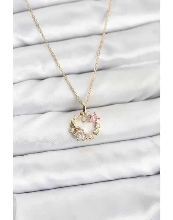 316L Çelik Zincir Gold Renk Pembe Taş Detaylı Çelenk Model Kadın Kolye