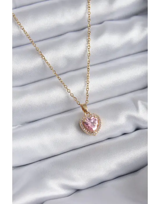  Zincir Altın  Pembe Zirkon Taş Kalp Model Charm  Çelik Kolye