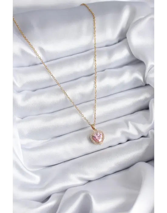  Zincir Altın  Pembe Zirkon Taş Kalp Model Charm  Çelik Kolye
