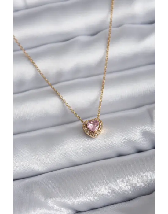  Zincir Altın  Pembe Zirkon Taşlı Charm  Çelik Kolye