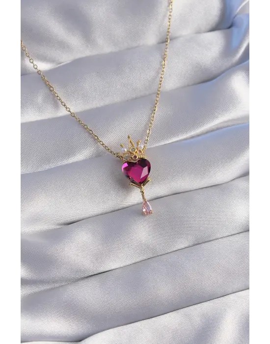  Zincir Altın  Pembe Zirkon Taşlı Damla Detay Rapunzel Model Çelik Kolye