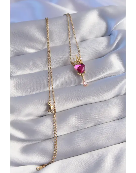  Zincir Altın  Pembe Zirkon Taşlı Damla Detay Rapunzel Model Çelik Kolye