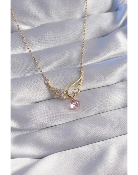  Zincir Altın  Pembe Zirkon Taşlı Melek Kanatlı Çelik Kolye
