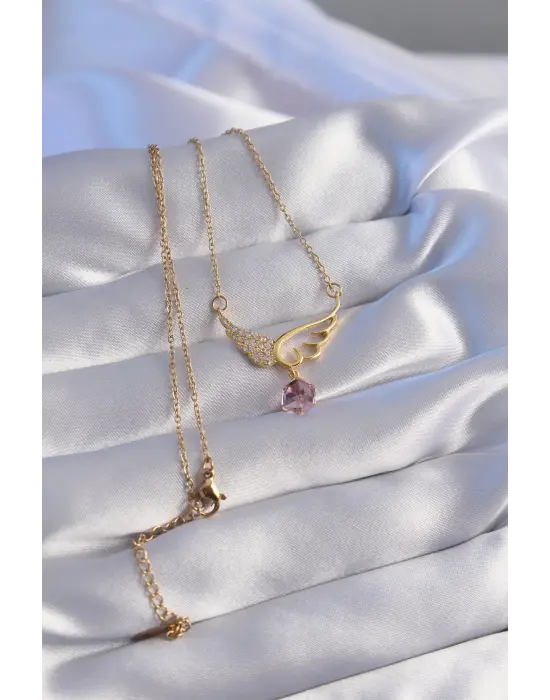  Zincir Altın  Pembe Zirkon Taşlı Melek Kanatlı Çelik Kolye