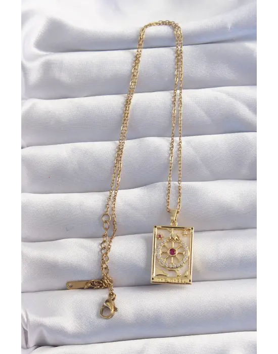  Zincir Altın  Pembe Zirkon Taşlı Tarot Çelik Kolye