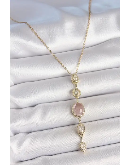 316L Çelik Zincir Gold Renk Pembe Zirkon Taşlı Y Kolye