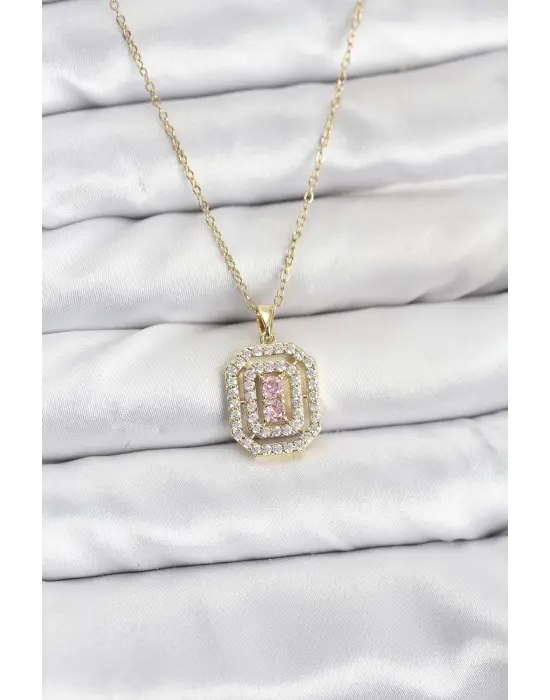 316L Çelik Zincir Gold Renk Plaka Model Zirkon Taşlı Kadın Kolye