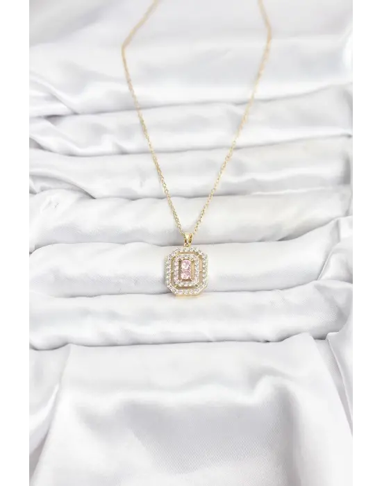 316L Çelik Zincir Gold Renk Plaka Model Zirkon Taşlı Kadın Kolye