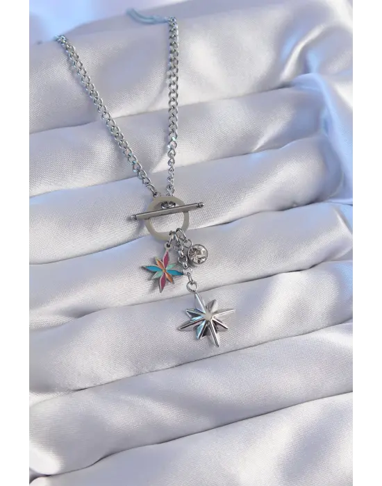  Zincir Altın  li Mineli Zirkon Taşlı Kutup Yıldızlı Çelik Kolye