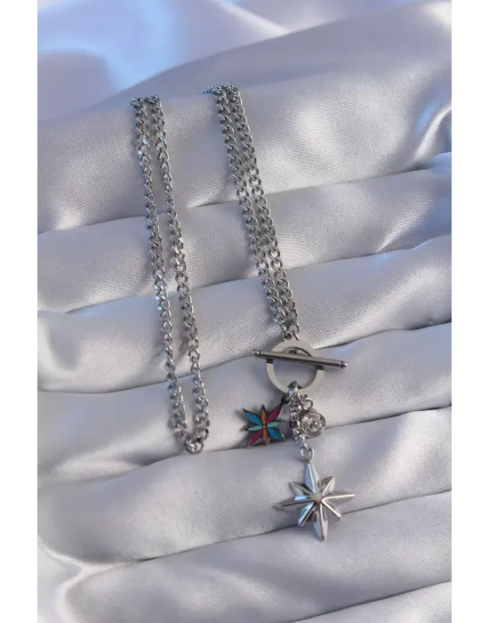  Zincir Altın  li Mineli Zirkon Taşlı Kutup Yıldızlı Çelik Kolye