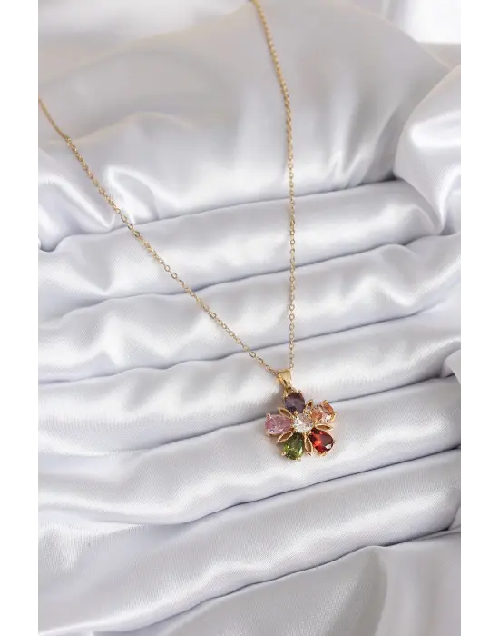 316L Çelik Zincir Gold Renk Renkli Zirkon Taş Çiçek Model Kadın Kolye