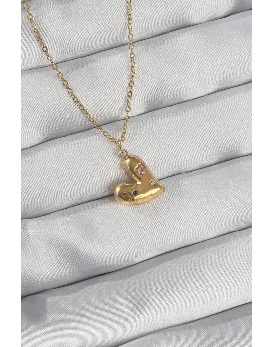  Zincir Altın  li Zirkon Taşlı Kalp Çelik Kolye