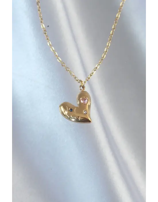  Zincir Altın  li Zirkon Taşlı Kalp Çelik Kolye