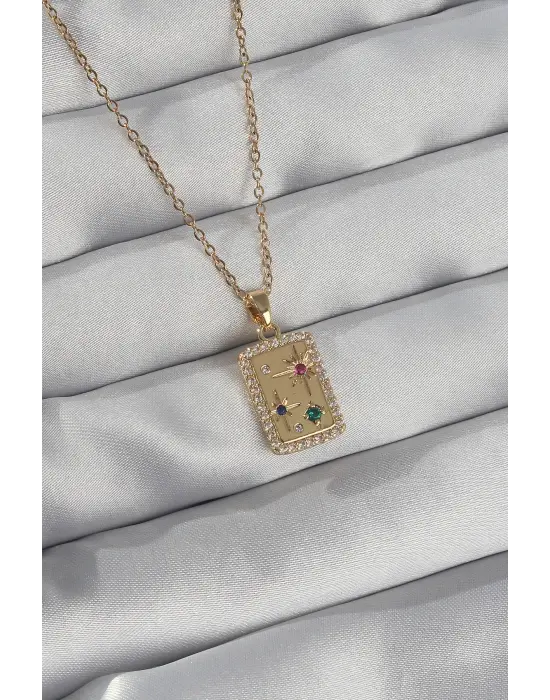  Zincir Altın  li Zirkon Taşlı Vintage Çelik Kolye