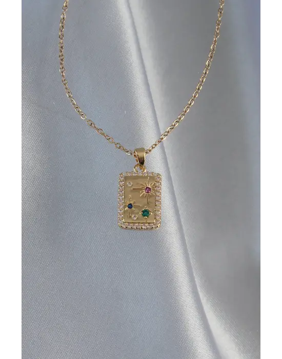  Zincir Altın  li Zirkon Taşlı Vintage Çelik Kolye
