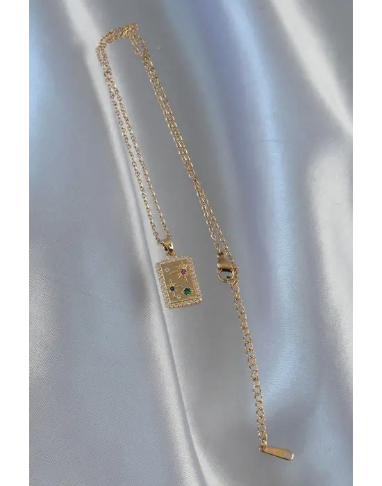  Zincir Altın  li Zirkon Taşlı Vintage Çelik Kolye