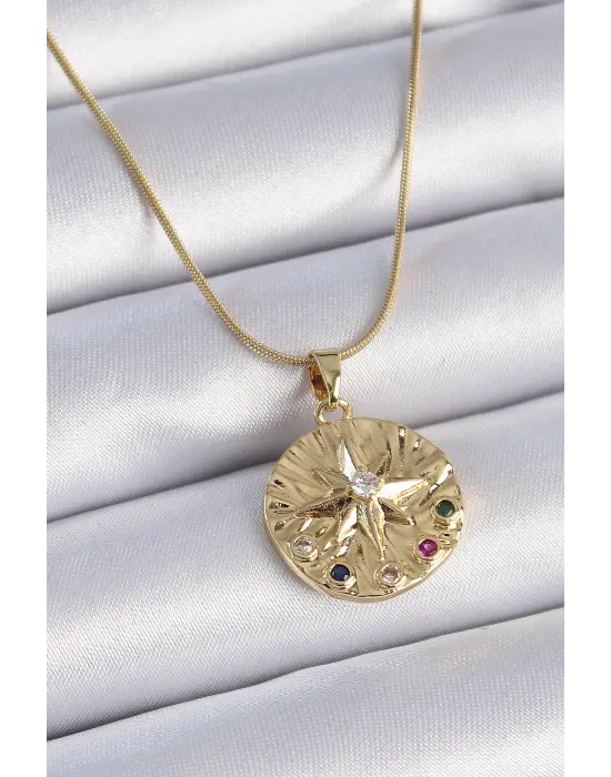  Zincir Altın  li Zirkon Taşlı Yıldız İşlemeli Madalyon Model  Çelik Kolye