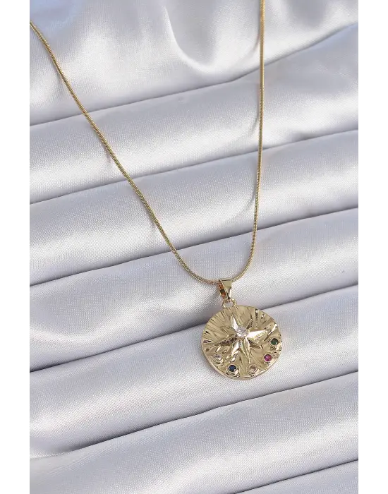  Zincir Altın  li Zirkon Taşlı Yıldız İşlemeli Madalyon Model  Çelik Kolye