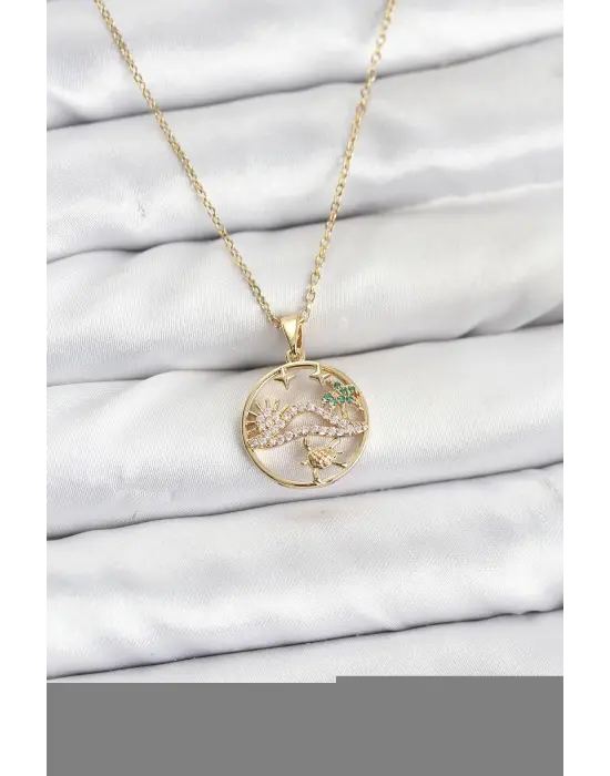 316L Çelik Zincir Gold Renk Şans Kolyesi Model Zirkon Taşlı Kadın Kolye