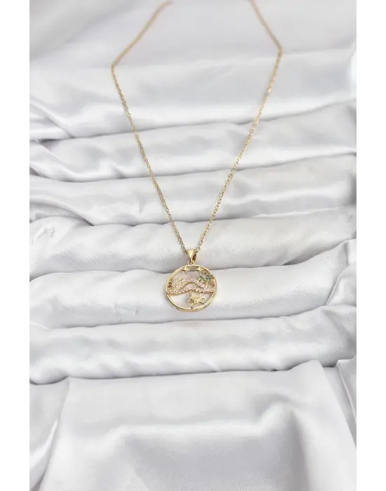 316L Çelik Zincir Gold Renk Şans Kolyesi Model Zirkon Taşlı Kadın Kolye