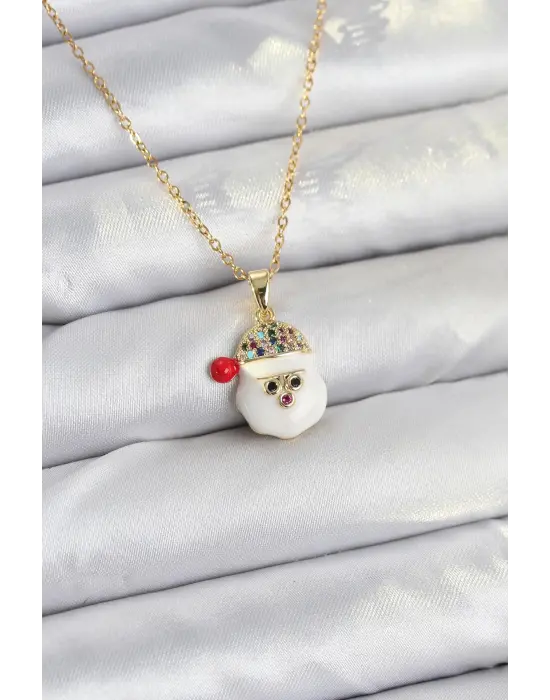 316L Çelik Zincir Gold Renk Şapkalı Kardan Adam Kafası Model Yılbaşı Temalı Kadın Kolye