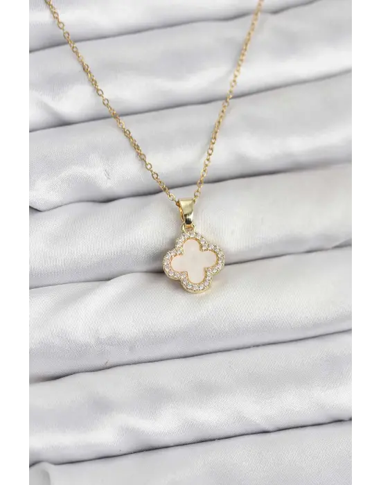 316L Çelik Zincir Gold Renk Sedefli Yonca Kadın Kolye