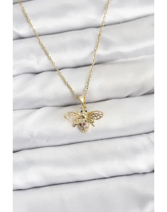 316L Çelik Zincir Gold Renk Sinek Model Zirkon Taşlı Kadın Kolye